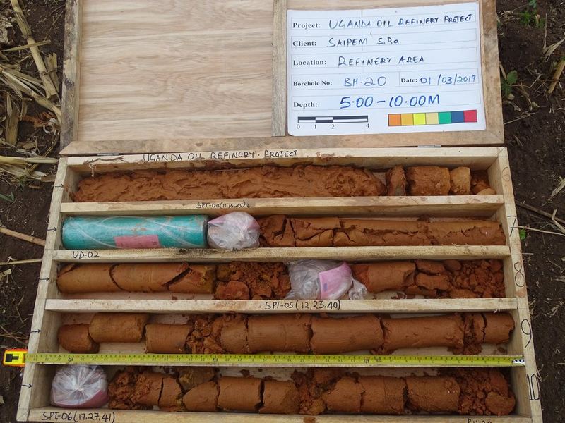 Boxed rock core with depth markers on site